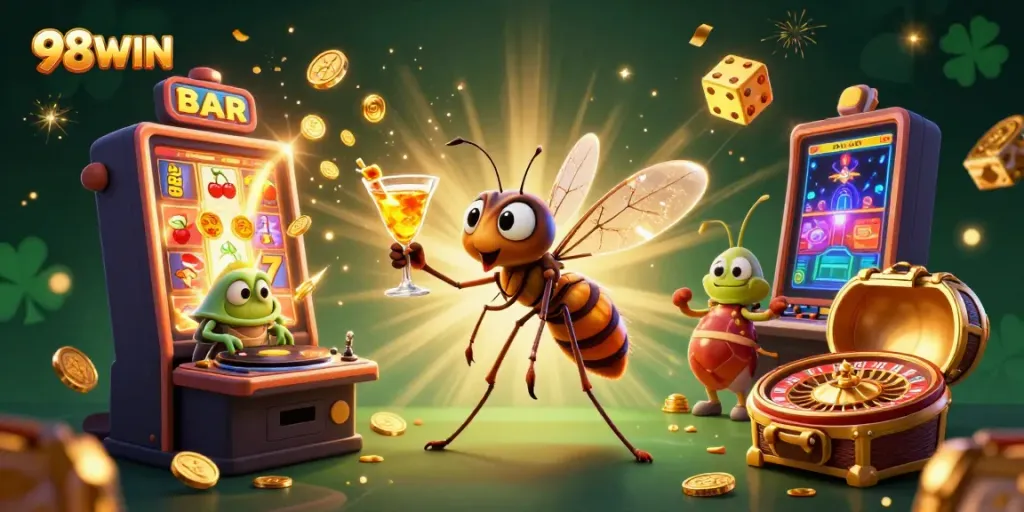 Engage in a vibrant casino experience with 98WIN featuring a lively scene of animated characters and exciting game elements.
