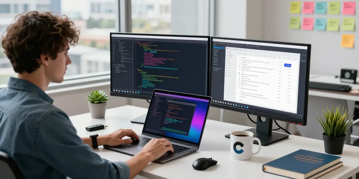 Focused developer in modern workspace coding WPS Download with dual monitors and natural light.