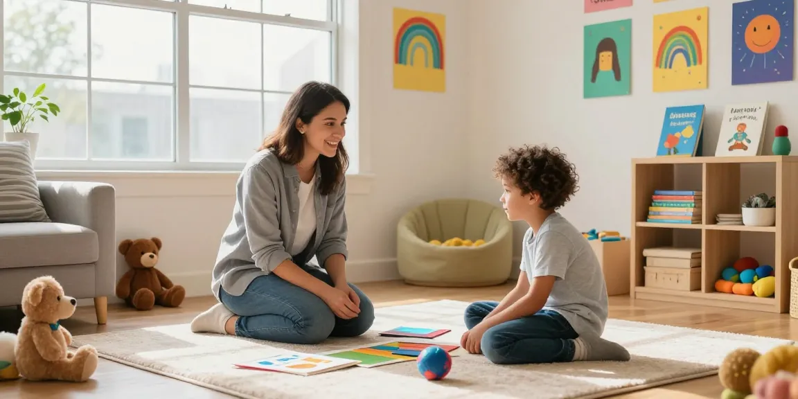Child therapist fostering an ABA connection in a warm, inviting space.