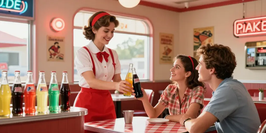 Couple enjoying vintage soda in retro diner, showcasing nostalgia and joy.