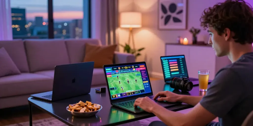 Player enjoying live sports betting at https://uk88win.org/ in a cozy living room with vibrant atmosphere.