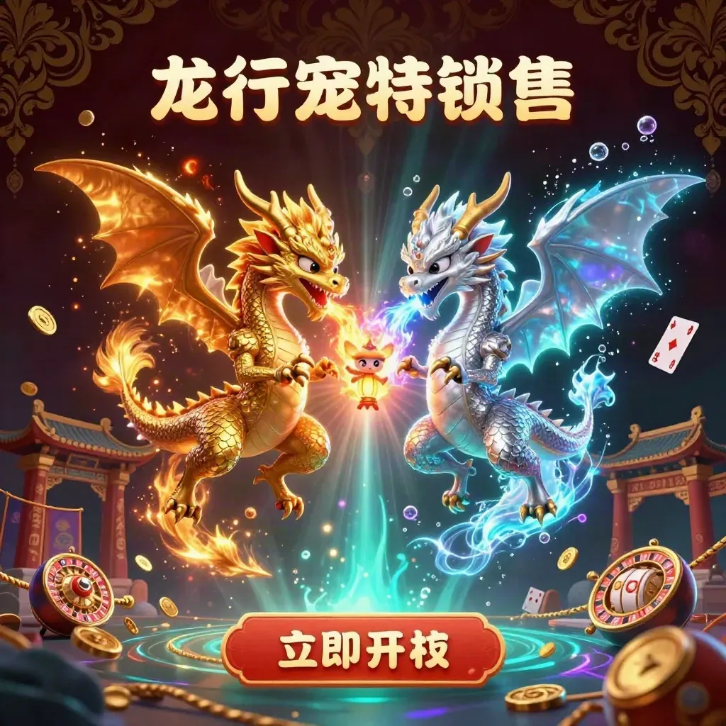 Gold and silver dragons spiral in fire and ice above coins, banners, and a temple gate.