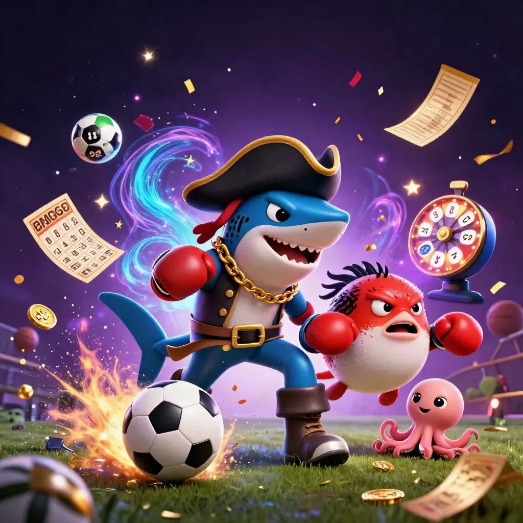 Pirate shark, boxing pufferfish, and octopus in neon casino sports action