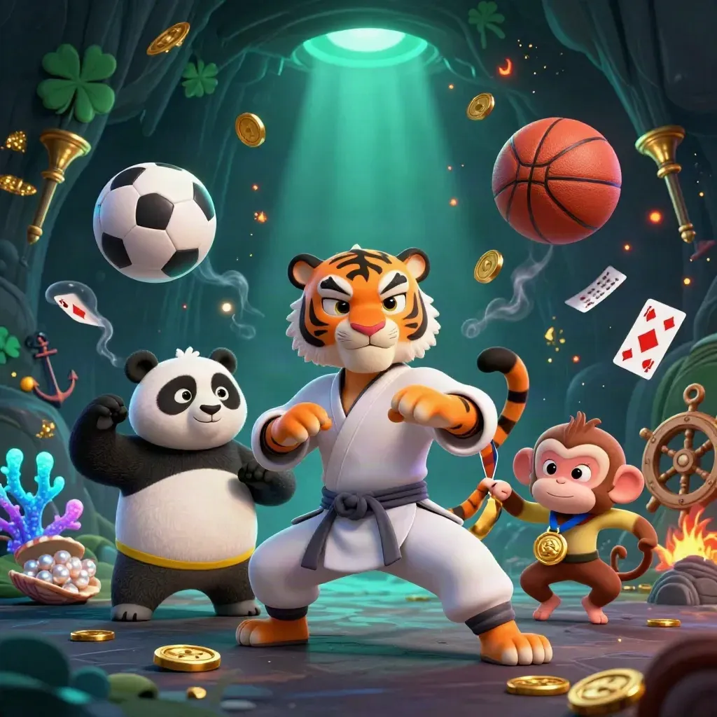 Kung-fu tiger, panda and monkey amid a treasure cove with balls, gold, coral and casino props.