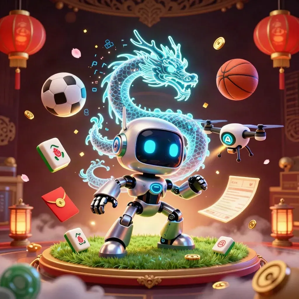 Cyberpunk robot, digital dragon, drone, balls, lanterns, coins, and casino glow in a dark luxe scene.