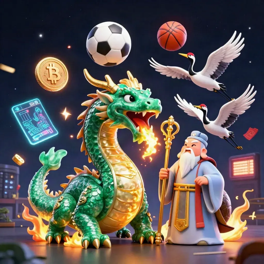 Dragon, turtle, and cranes amid glowing sports balls, crypto coins, and magical energy.