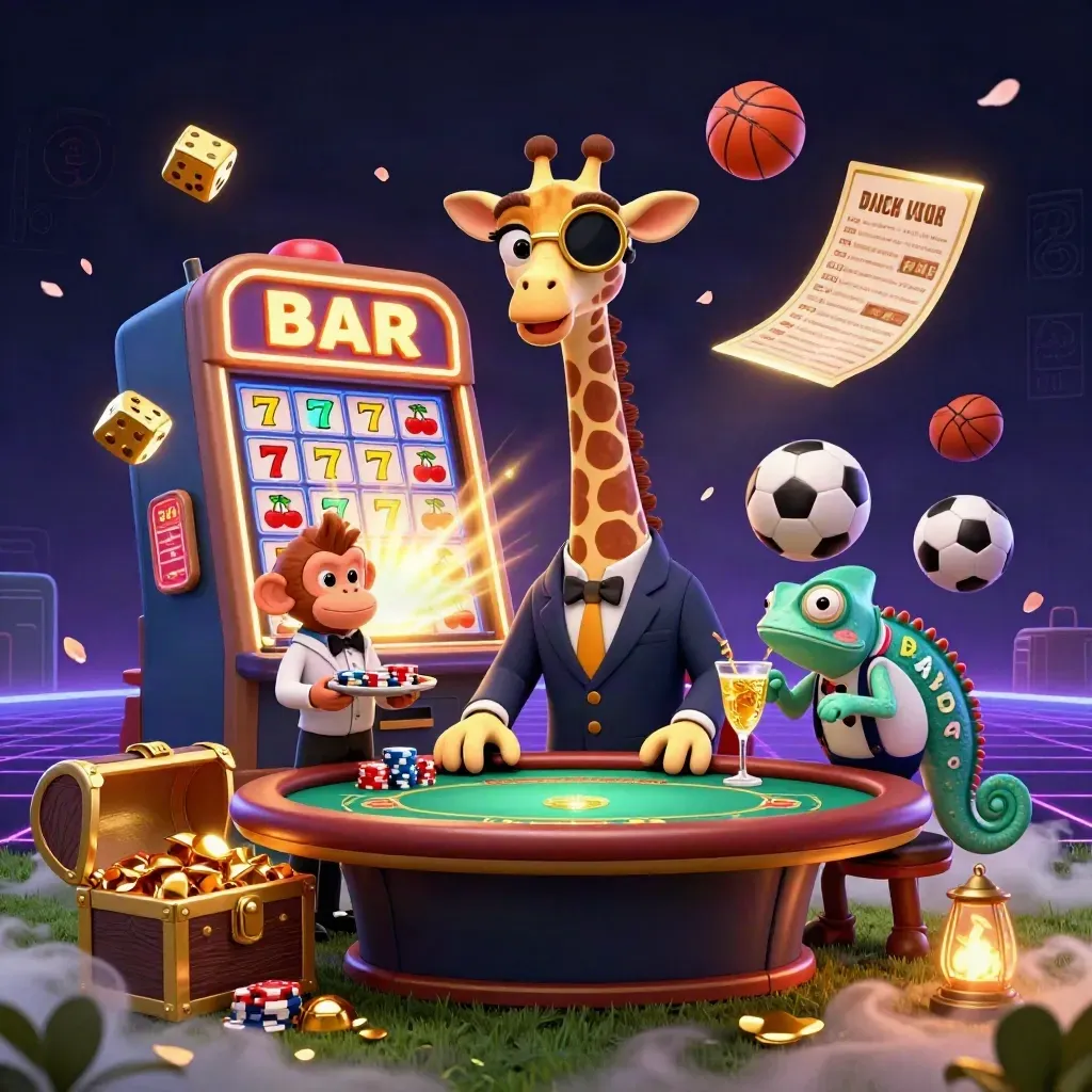 Cartoon giraffe, monkey, and chameleon amid casino bursts, sports balls, gold, and neon fog.