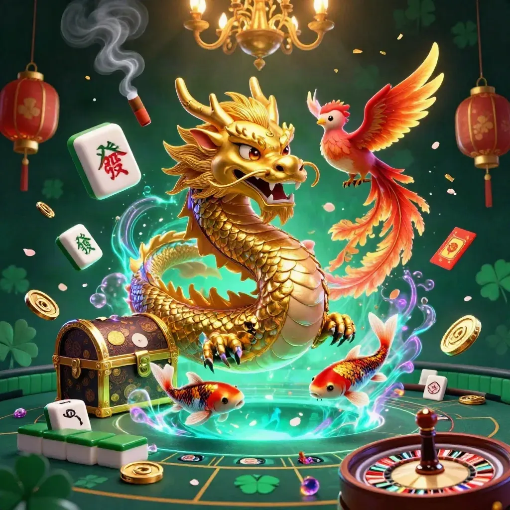 Golden dragon with phoenix and koi amid casino lights, lanterns, jade coins, and dark emerald glow