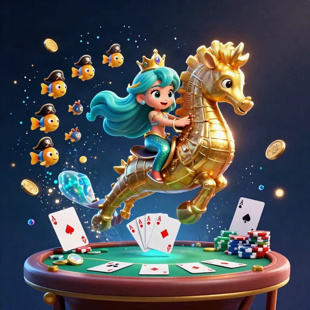 Mermaid princess on armored seahorse, fish, poker chips, gems, and navy-teal underwater casino glow
