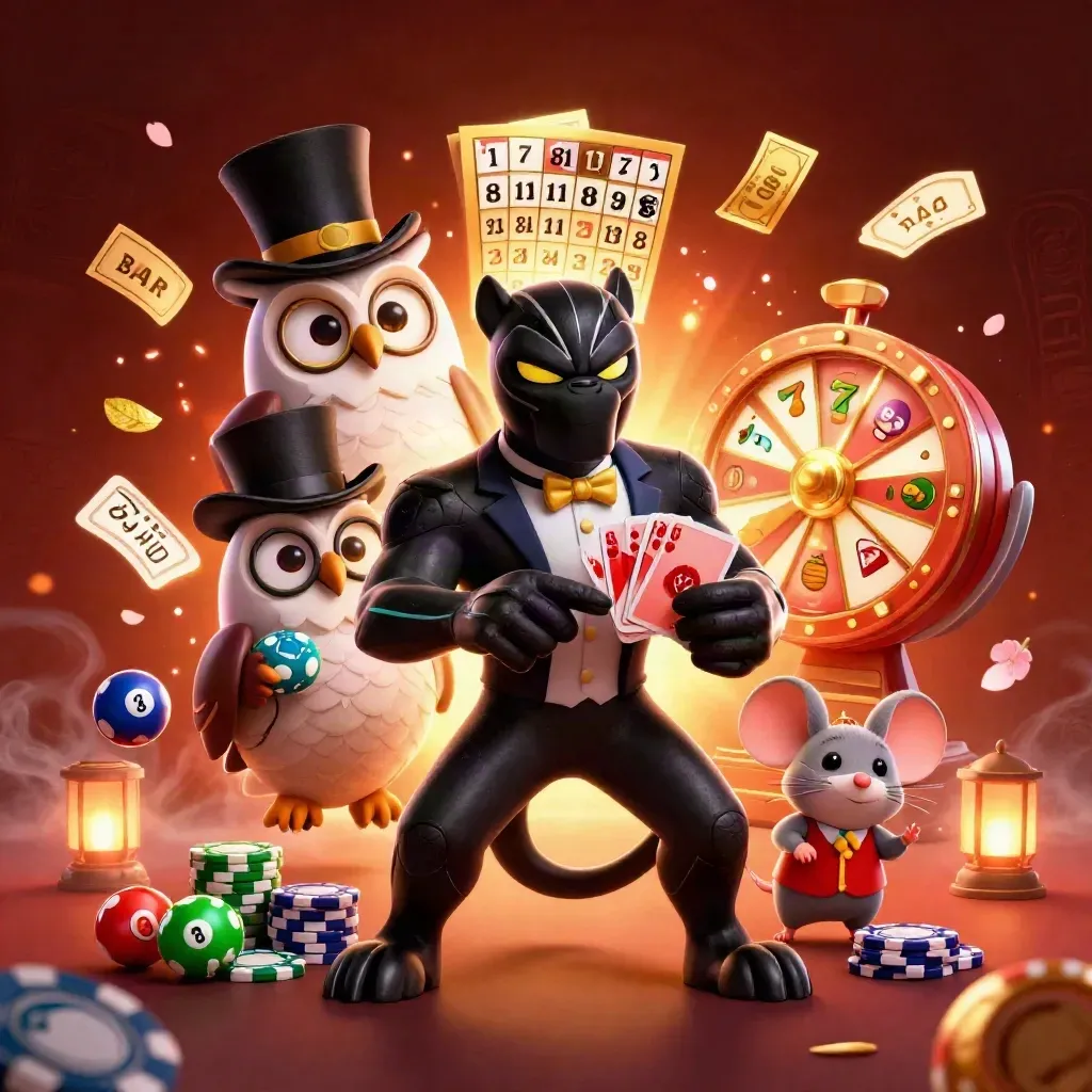 Panther, owl, and mouse in casino key art with teal glow and flying cards