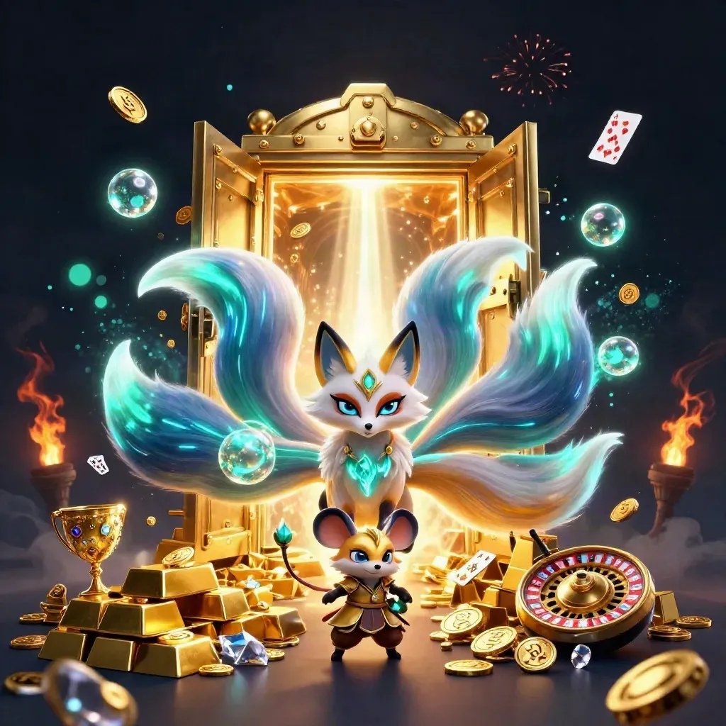 Fox spirit and samurai mouse burst from a glowing vault amid gold, sparks, and neon light