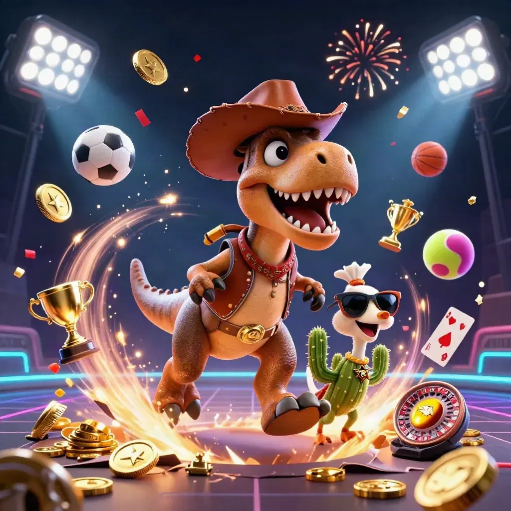 Cowboy T-Rex, cactus sidekick and roadrunner amid gold coins, fireworks, and casino glamour.