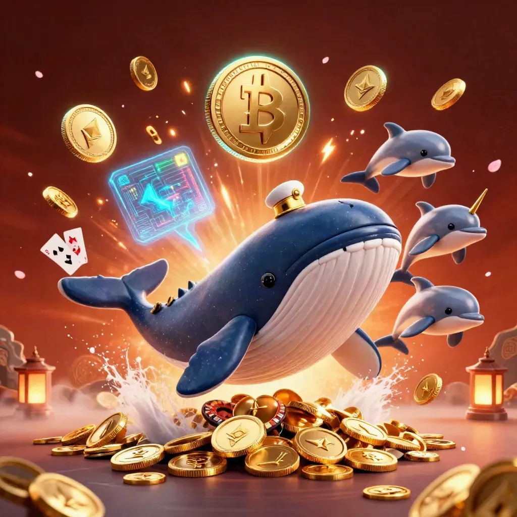 Whale captain, narwhal, and dolphins burst through gold coins with casino sparks.