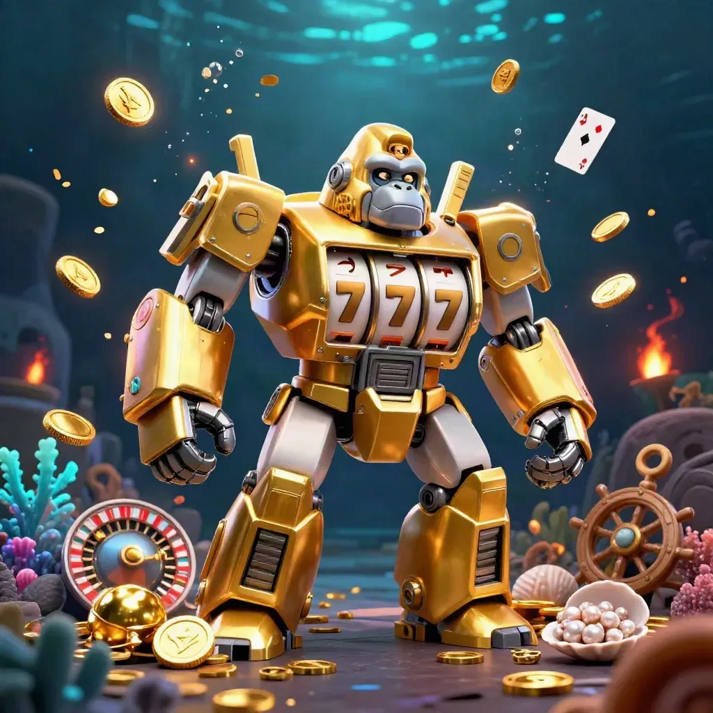 Golden gorilla mech with tiny monkey pilot bursts through an underwater treasure cove.