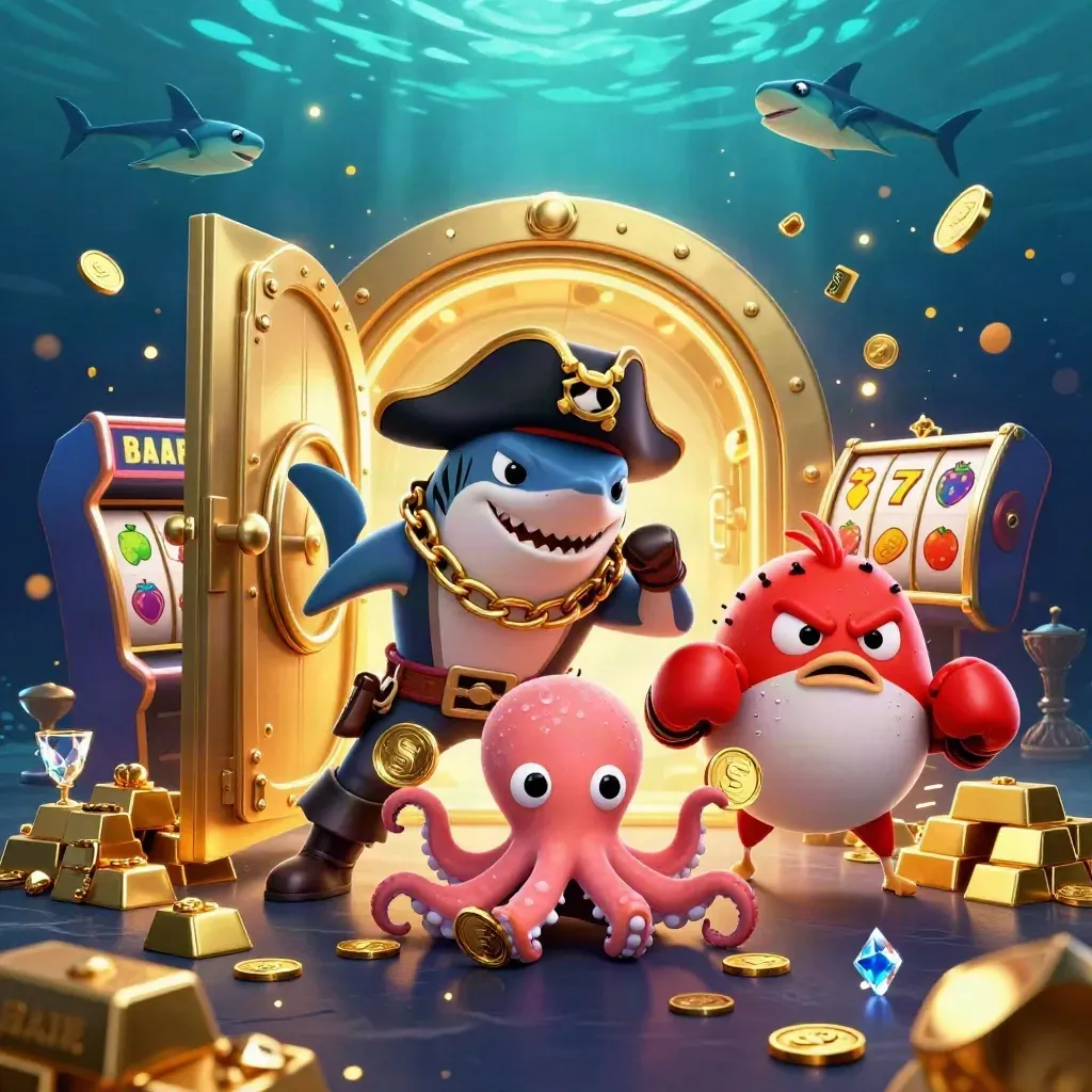Shark captain, boxing pufferfish, and juggling octopus amid gold treasure and slot symbols