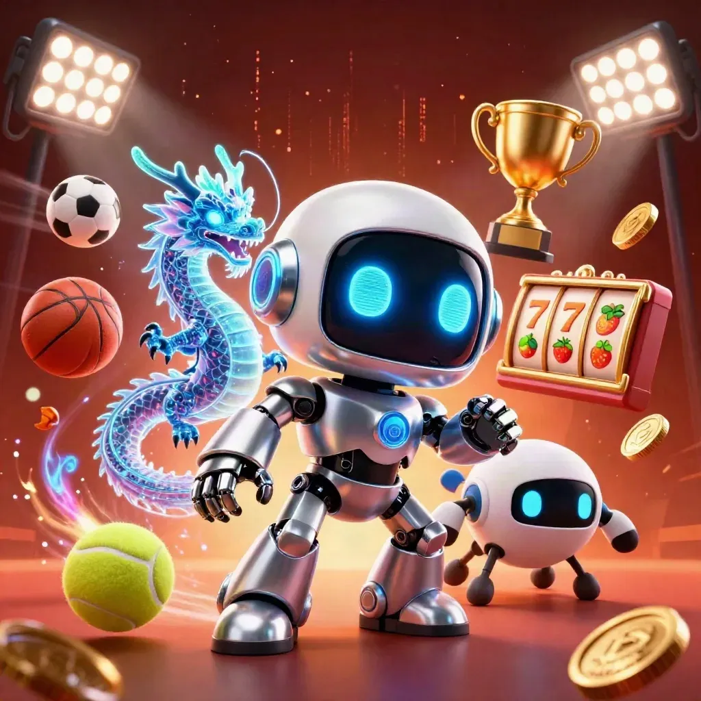 Chrome robot, holographic dragon and coin drone amid casino effects on a dark crimson glow.