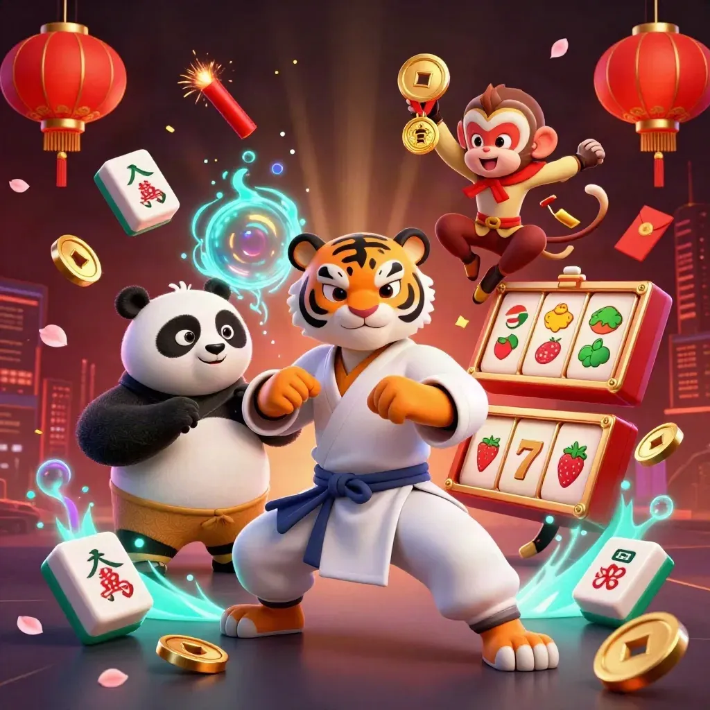 Tiger, panda, and monkey casino heroes amid neon tiles, lanterns, coins, and fireworks.