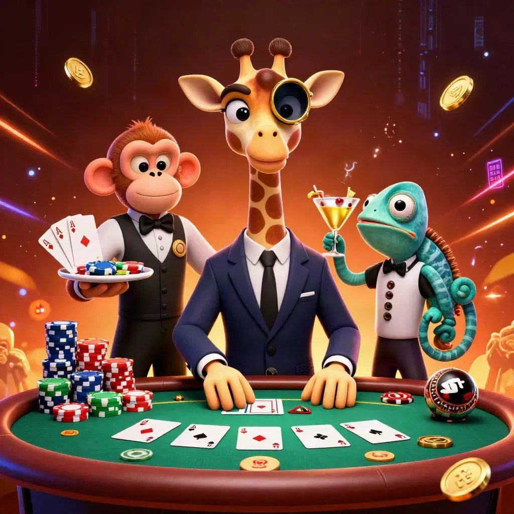 Giraffe, monkey and chameleon at a neon poker table with chips, cards and gold coins.