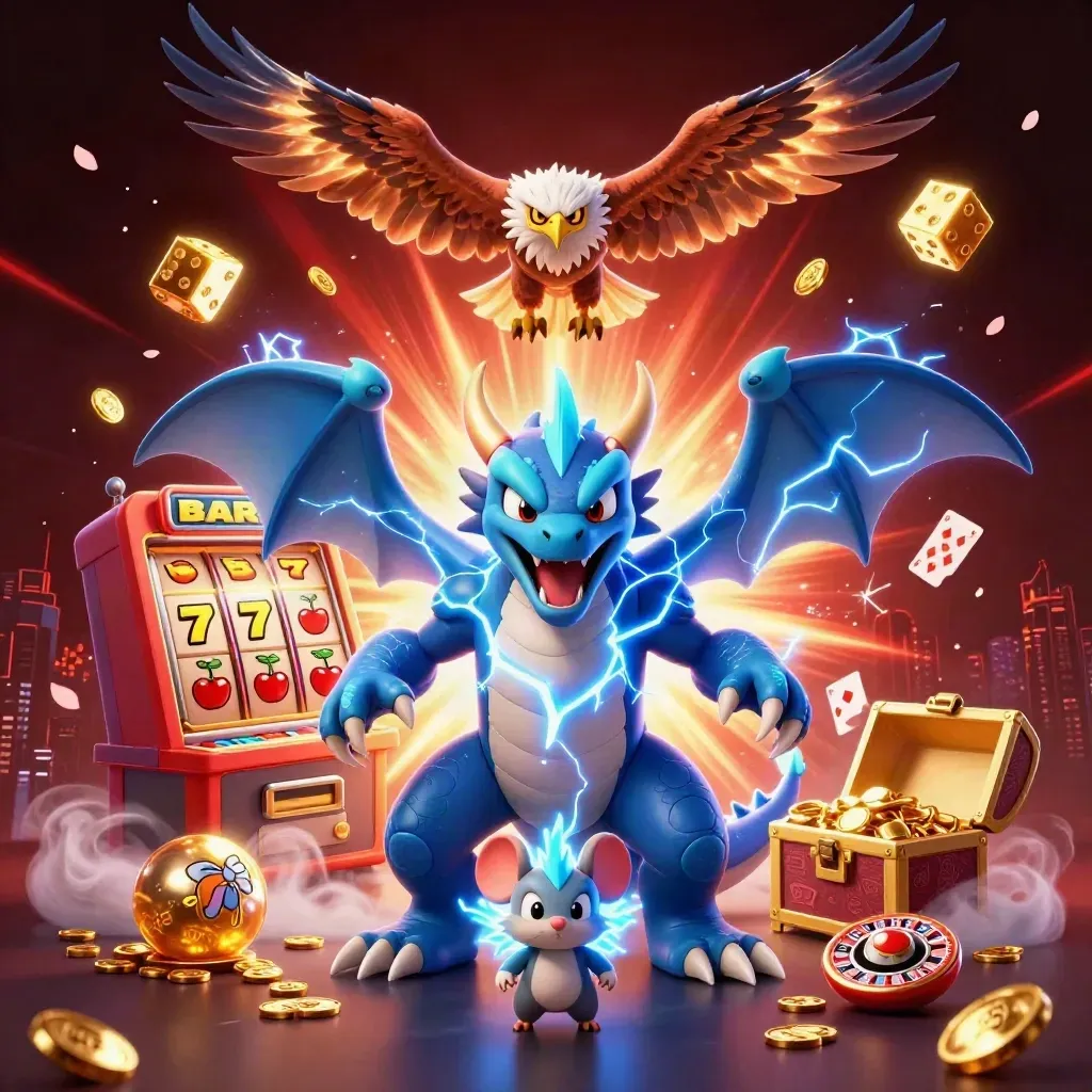 Thunder dragon, wind hawk, and mouse amid slot symbols and gold in a dark neon casino scene.