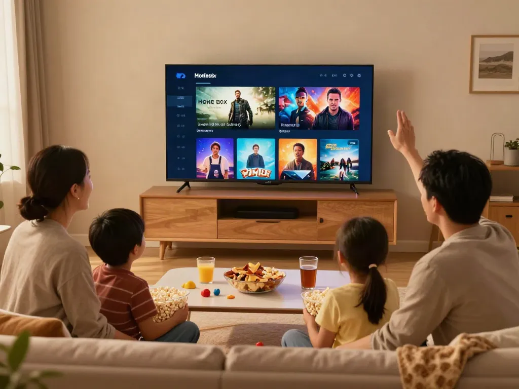 Family enjoying a movie night using the movie box app in a cozy living room.
