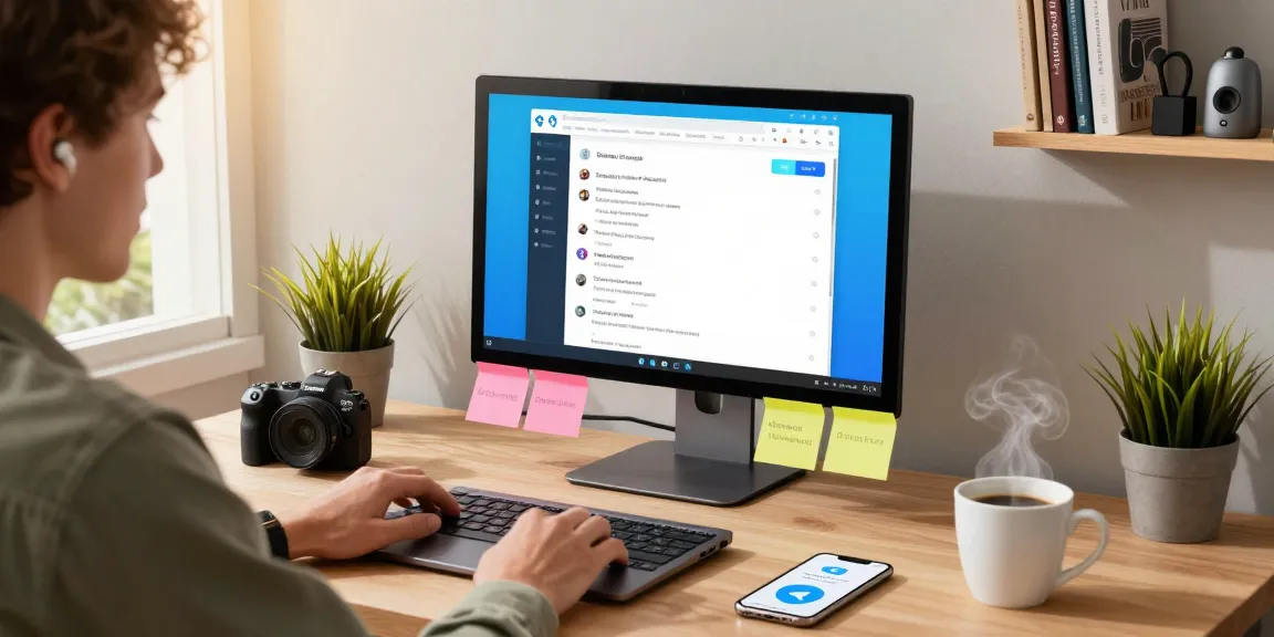 Utilizing the Telegram Web Version on a sleek laptop in a modern workspace.