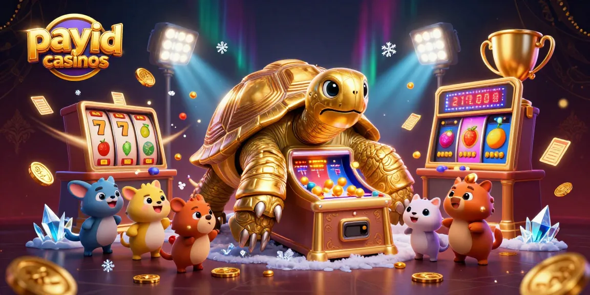 Engage with payid casinos through a lively scene of a golden tortoise pinball machine and excited players.