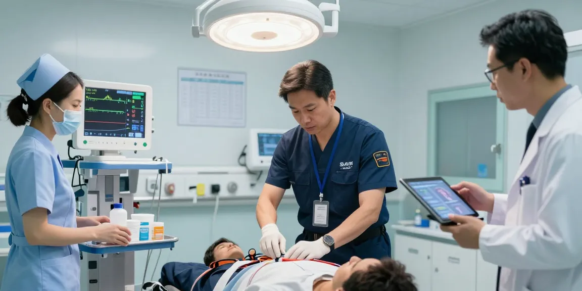 SAM Medical supplies in use by professionals in a busy emergency room, showcasing medical equipment.