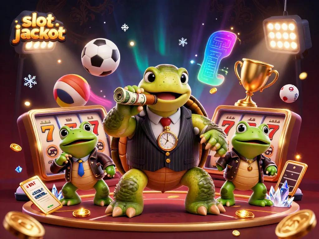 Experience excitement in this vibrant slot jackpot scene with cartoon characters celebrating wins in a dynamic casino.
