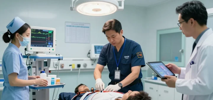 SAM Medical supplies in use by professionals in a busy emergency room, showcasing medical equipment.